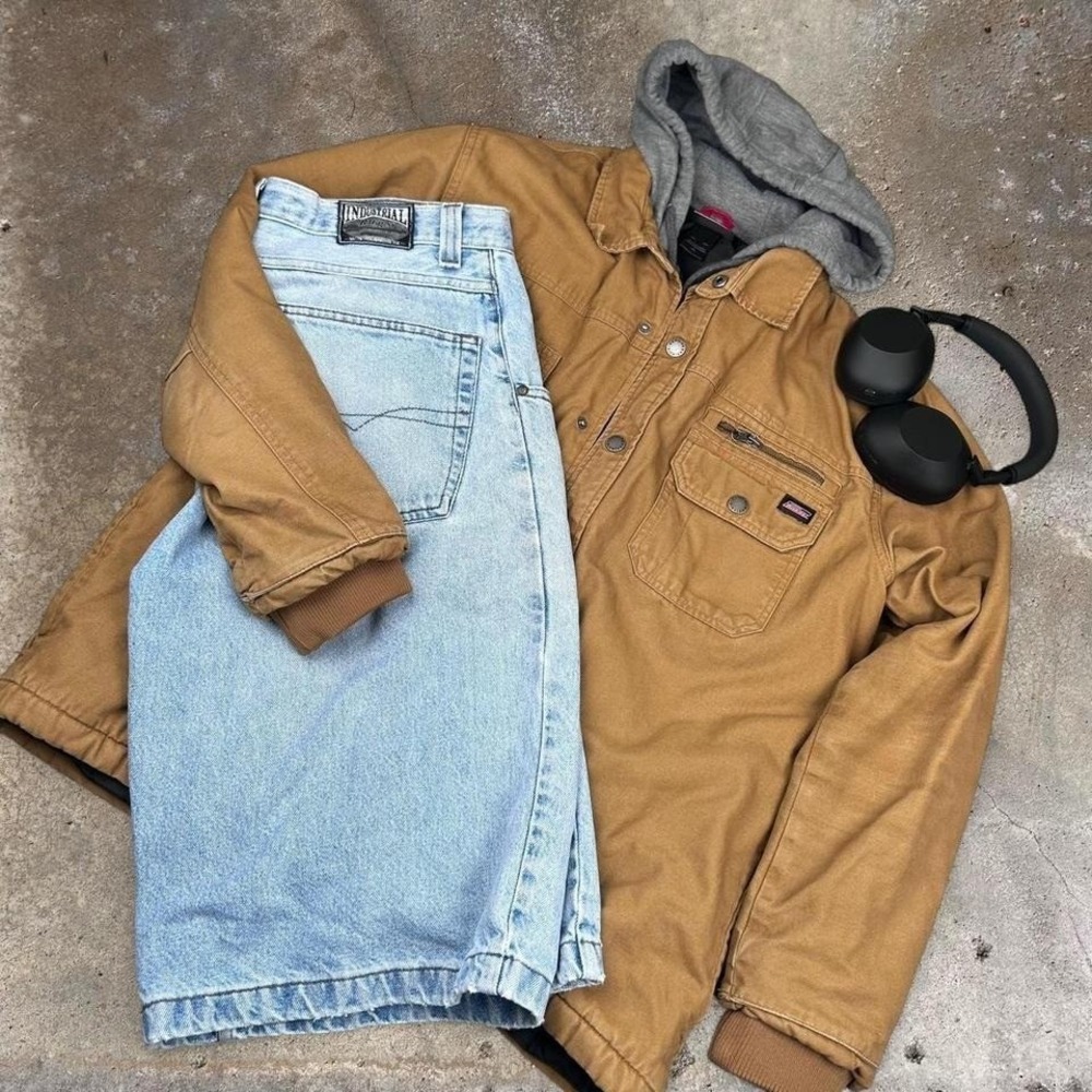 Dickies Brown Hooded Workwear Jacket Mens Size L Zip Up Winter Carhartt Style